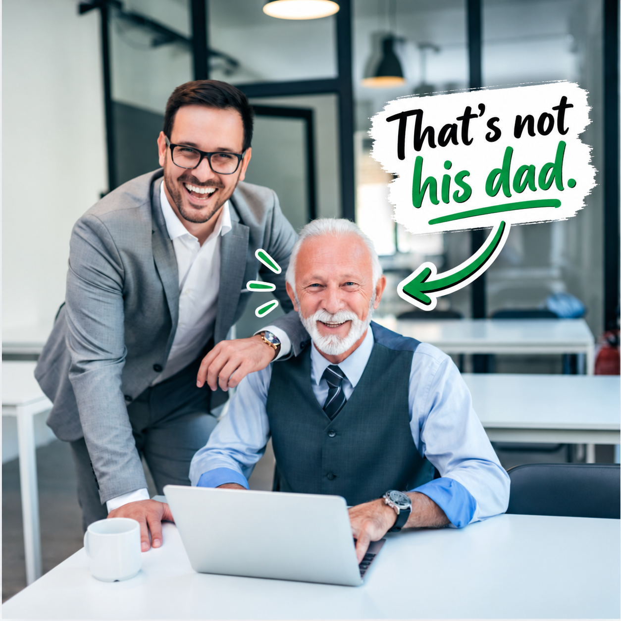 Older and younger man with text that says "That's not his dad."